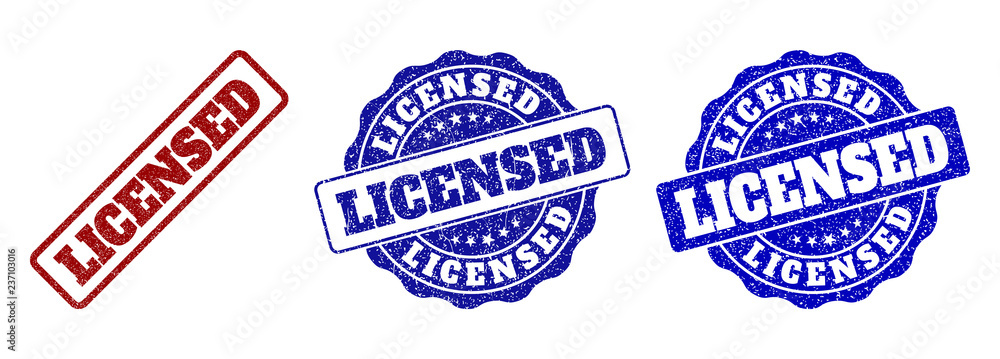 LICENSED scratched stamp seals in red and blue colors. Vector LICENSED labels with distress surface. Graphic elements are rounded rectangles, rosettes, circles and text labels. LICENSED scratched stamp seals in red and blue colors. Vector LICENSED labels with distress surface. Graphic elements are rounded rectangles, rosettes, circles and text labels.