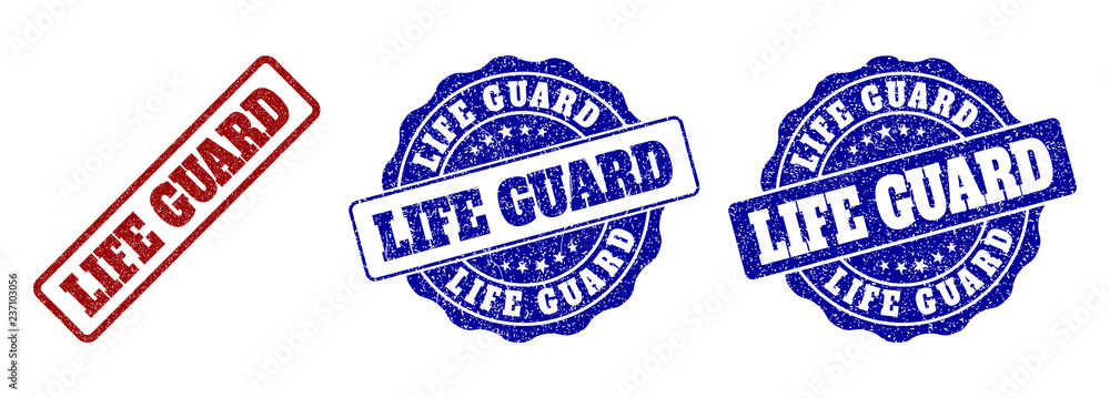 Obraz premium LIFE GUARD grunge stamp seals in red and blue colors. Vector LIFE GUARD labels with draft texture. Graphic elements are rounded rectangles, rosettes, circles and text labels.