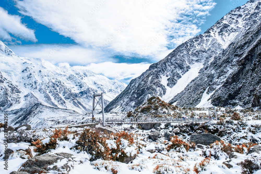 Fototapeta premium Beautiful view of Hooker Valley track covered with white snow. Mount Cook National Park, New Zealand.