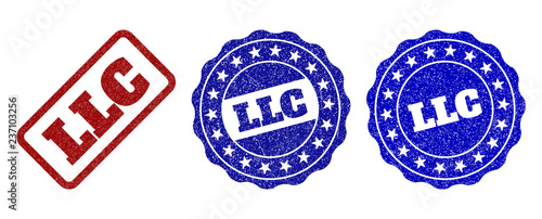 LLC grunge stamp seals in red and blue colors. Vector LLC overlays with grunge texture. Graphic elements are rounded rectangles, rosettes, circles and text tags. Designed for rubber stamp imitations.