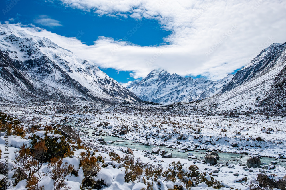 Beautiful view of Hooker Valley track covered with white snow. Mount Cook National Park.