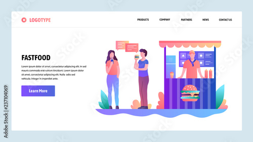 Web site onboarding screens. Fast food stall. People eat lunch on a street. Menu vector banner template for website and mobile app development. Modern design linear art flat illustration.