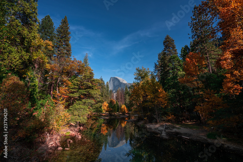 Autumn colors in Yosemite Valley with Half Dome in the center