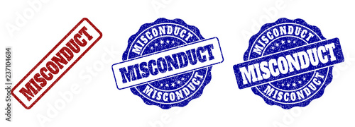 MISCONDUCT scratched stamp seals in red and blue colors. Vector MISCONDUCT watermarks with distress effect. Graphic elements are rounded rectangles, rosettes, circles and text titles.
