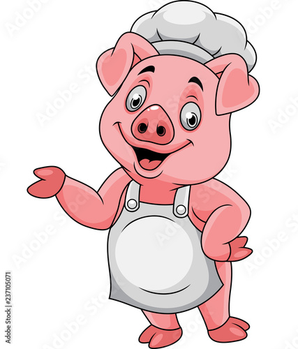 Cartoon happy pig chef presenting