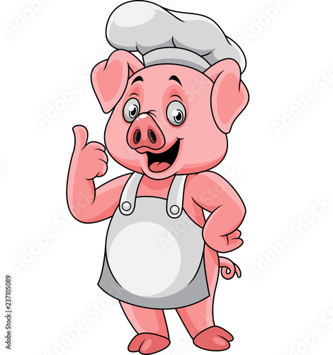 Cartoon happy pig chef giving a thumb up