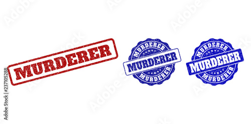 MURDERER scratched stamp seals in red and blue colors. Vector MURDERER labels with draft effect. Graphic elements are rounded rectangles, rosettes, circles and text titles.