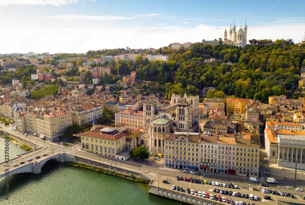 View from drone of Cathedral, Basilica and Saone, Lyon