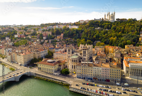 View from drone of Cathedral, Basilica and Saone, Lyon