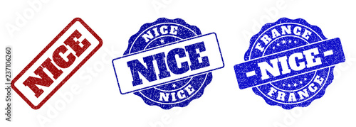 NICE grunge stamp seals in red and blue colors. Vector NICE labels with grunge effect. Graphic elements are rounded rectangles, rosettes, circles and text labels. Designed for rubber stamp imitations.