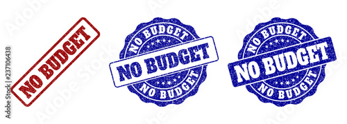 NO BUDGET grunge stamp seals in red and blue colors. Vector NO BUDGET labels with scratced effect. Graphic elements are rounded rectangles, rosettes, circles and text labels.