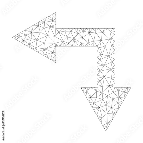 Mesh vector bifurcation arrow left down icon on a white background. Polygonal carcass grey bifurcation arrow left down image in low poly style with connected triangles, points and linear items.