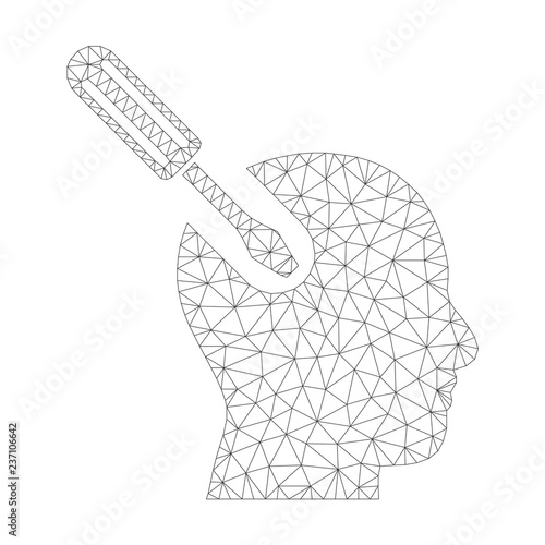 Mesh vector brain tool icon on a white background. Polygonal carcass dark gray brain tool image in lowpoly style with organized triangles, dots and lines.