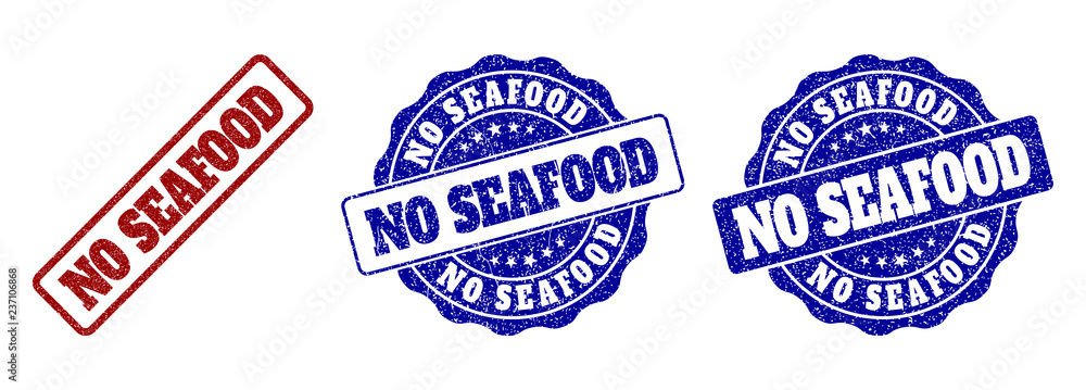 NO SEAFOOD grunge stamp seals in red and blue colors. Vector NO SEAFOOD labels with grunge style. Graphic elements are rounded rectangles, rosettes, circles and text labels.