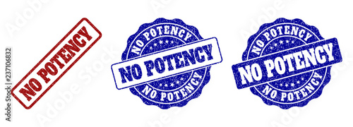 NO POTENCY scratched stamp seals in red and blue colors. Vector NO POTENCY labels with distress effect. Graphic elements are rounded rectangles, rosettes, circles and text labels.