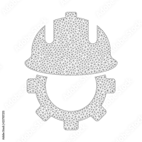Mesh vector development helmet icon on a white background. Polygonal carcass dark gray development helmet image in lowpoly style with organized triangles, dots and lines.