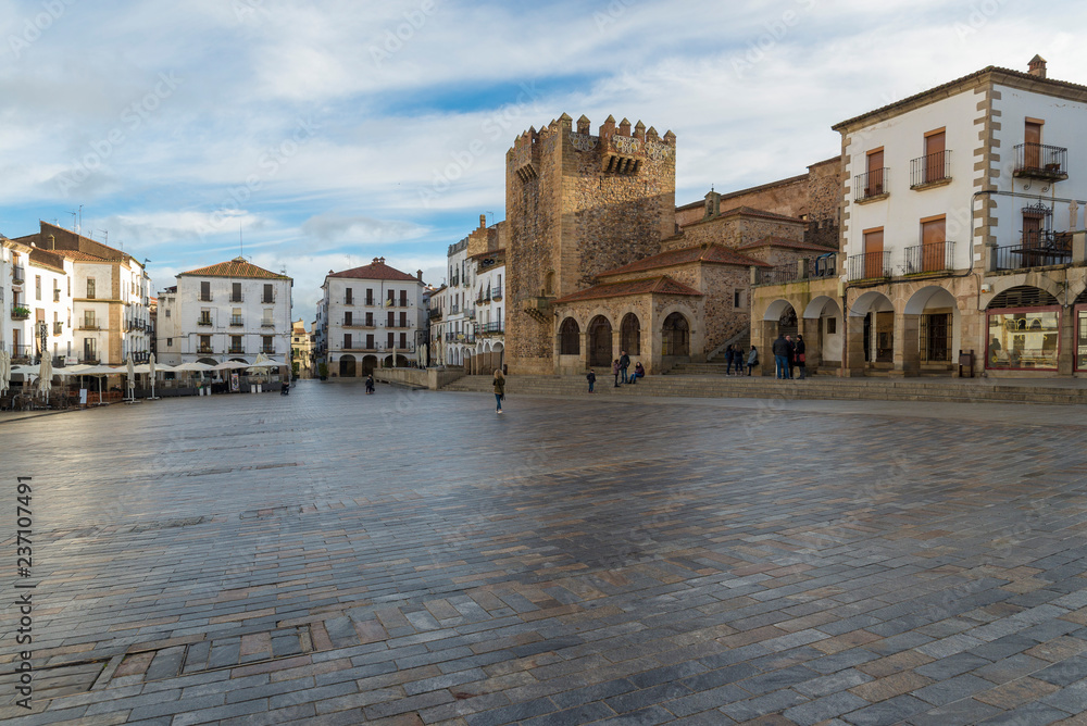 CACERES, SPAIN - NOVEMBER 25, 2018:  Panoramic view of the Main Square. World Heritage City, awarded by Unesco.