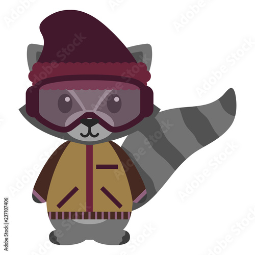 Raccoon in Winter Clothes - Raccoon wearing purple beanie hat, brown and purple jacket, and purple ski goggles