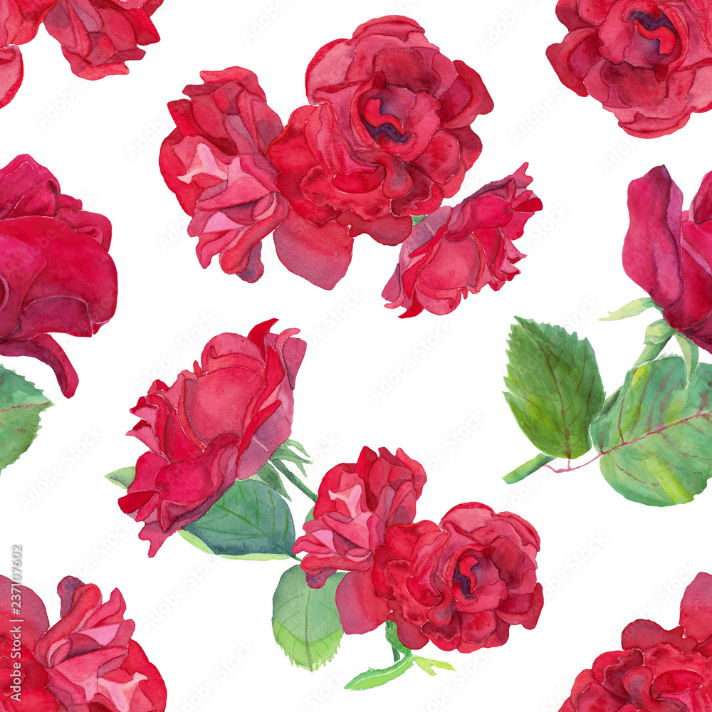 Fototapeta Seamless pattern of watercolor hand drawn red roses and leaves. Design for backgrounds, wallpapers, covers and packaging.