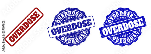 OVERDOSE grunge stamp seals in red and blue colors. Vector OVERDOSE labels with grunge style. Graphic elements are rounded rectangles, rosettes, circles and text labels.