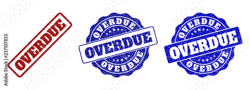 OVERDUE grunge stamp seals in red and blue colors. Vector OVERDUE labels with grunge effect. Graphic elements are rounded rectangles, rosettes, circles and text tags.