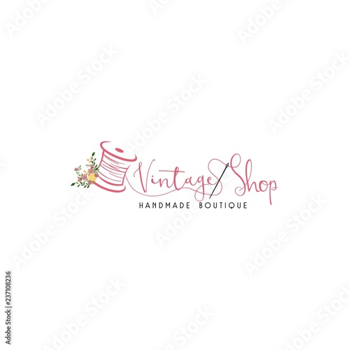 Tailor Sewing Vintage, Needle, Yarn, Fashion, Floral, Retro Logo Template Vector Design