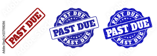 PAST DUE grunge stamp seals in red and blue colors. Vector PAST DUE labels with grunge texture. Graphic elements are rounded rectangles, rosettes, circles and text labels.