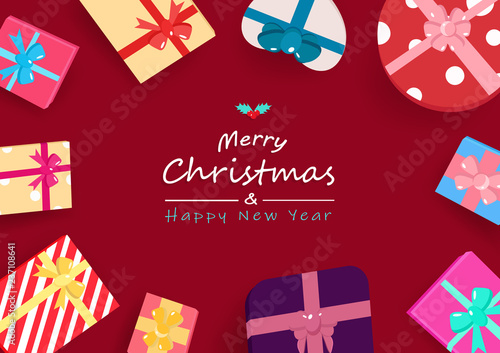 Merry Christmas and happy new year, gift celebration seasonal holidays top view design, greeting card vector background illustration