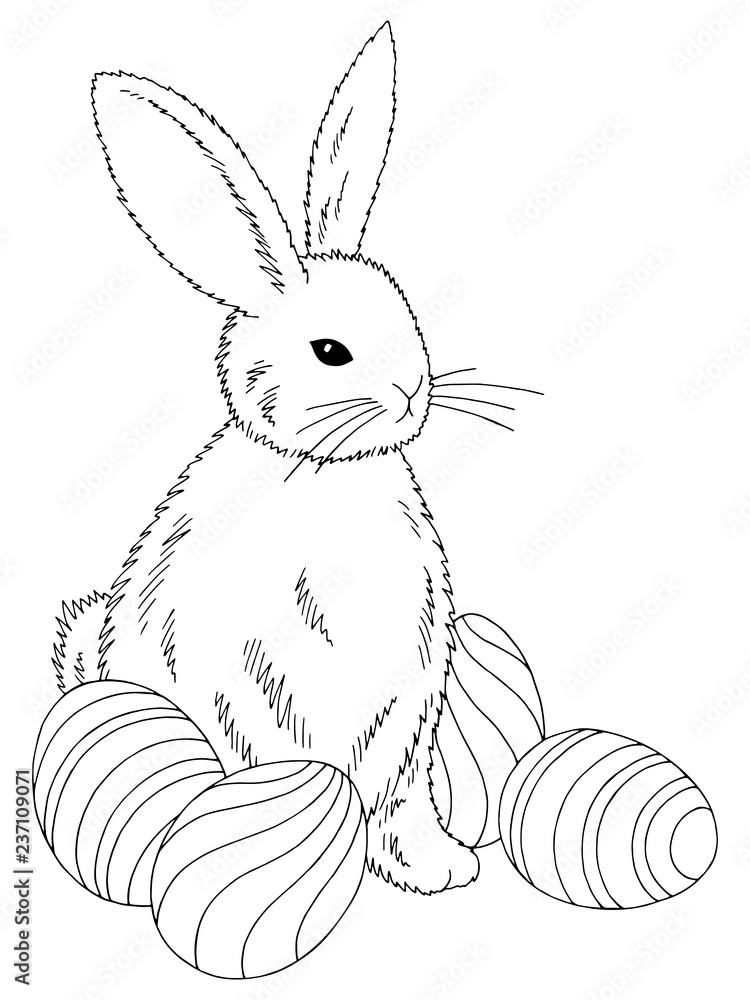 Naklejka premium Easter rabbit with eggs graphic black white isolated sketch illustration vector