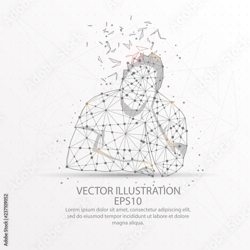 Sleepy man form low poly wire frame on white background.