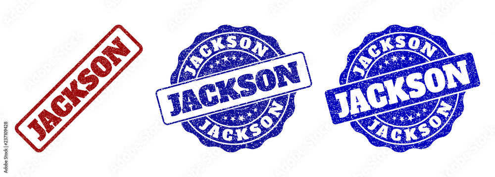 JACKSON grunge stamp seals in red and blue colors. Vector JACKSON labels with grainy surface. Graphic elements are rounded rectangles, rosettes, circles and text labels. JACKSON grunge stamp seals in red and blue colors. Vector JACKSON labels with grainy surface. Graphic elements are rounded rectangles, rosettes, circles and text labels.