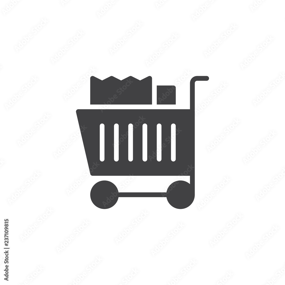 Shopping cart with paper bags vector icon. filled flat sign for mobile concept and web design. Grocery trolley cart simple solid icon. Symbol, logo illustration. Pixel perfect vector graphics Shopping cart with paper bags vector icon. filled flat sign for mobile concept and web design. Grocery trolley cart simple solid icon. Symbol, logo illustration. Pixel perfect vector graphics