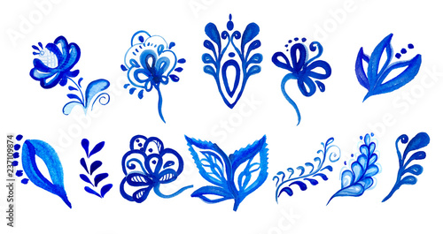 The separate hand drawing elements. Folk design. Gzhel. Blue color. object izolated