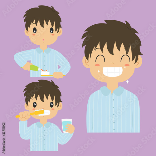 Brushing teeth activity cartoon vector collection. a boy putting a toothpaste on a toothbrush, a boy brushing his teeth and a boy smiling happily showing his clean teeth. 