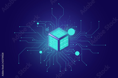 Big data, artificial intelligence ai isometric icon, neural network, information processing, cloud technologies dark neon