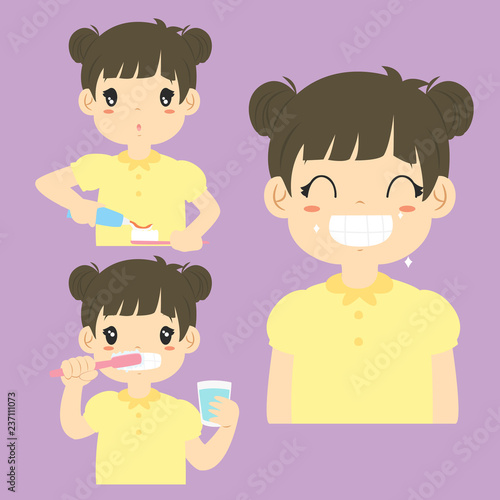 Brushing teeth activity cartoon vector collection. a girl putting a toothpaste on a toothbrush, a girl brushing his teeth and a girl smiling happily showing his clean teeth. 