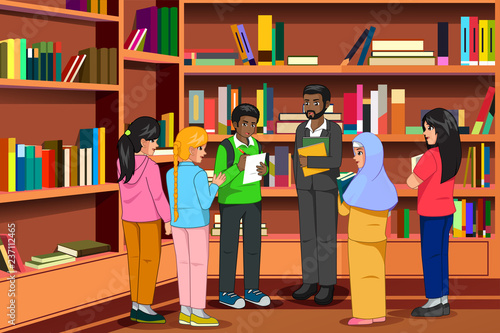 Students and Teachers in the Library Illustration