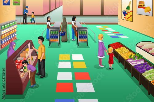 People Shopping in Grocery Store Illustration