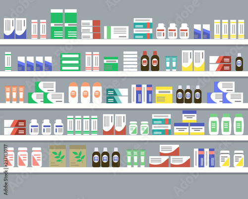 Shelves with medicines. Objects for a pharmacy interior. Vector illustration.