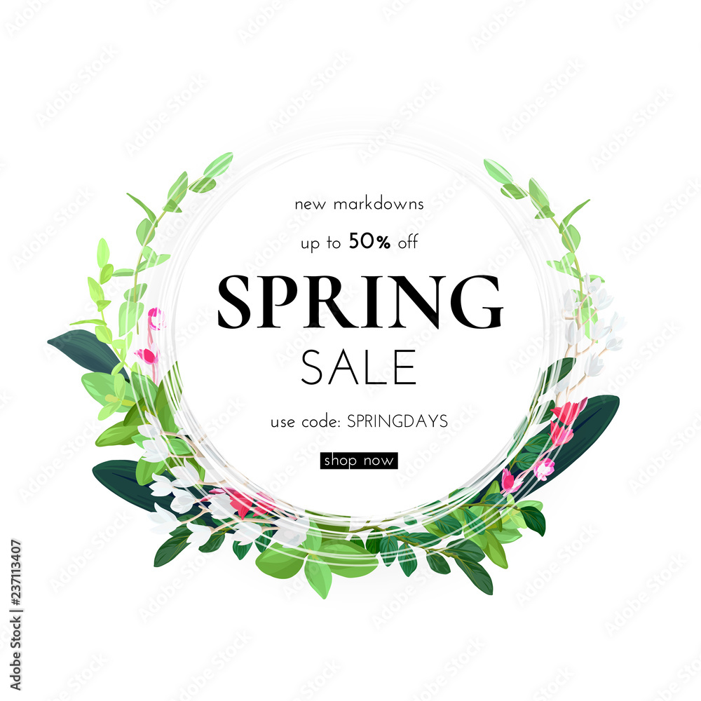 custom made wallpaper toronto digitalFloral spring design with white flowers, green leaves, eucaliptus and succulents. Round shape with space for text. Banner or flyer sale template, vector illustration.