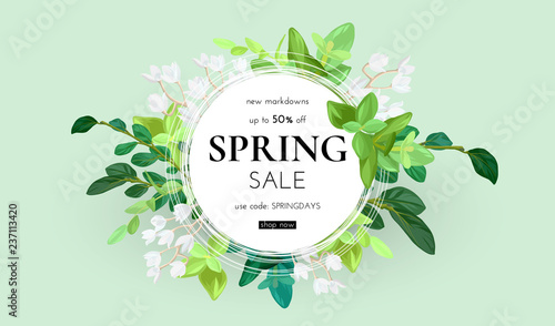 Floral spring design with white flowers, green leaves, eucaliptus and succulents. Round shape with space for text. Banner or flyer sale template, vector illustration. photo