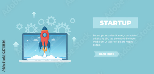 Rocket launch from laptop screen. Business project startup, financial planning, idea development process, strategy, management, realization and success. Vector banner 