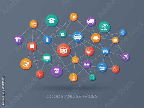 Goods and services. Icons set. Payment of goods, services, utility, restaurant. Shopping, marketing, delivery. Vector illustration