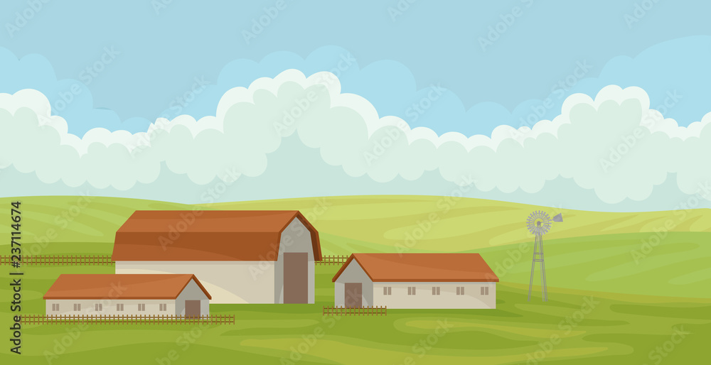 Summer rural landscape with barn, field with green grass, agriculture and farming vector Illustration on a white background