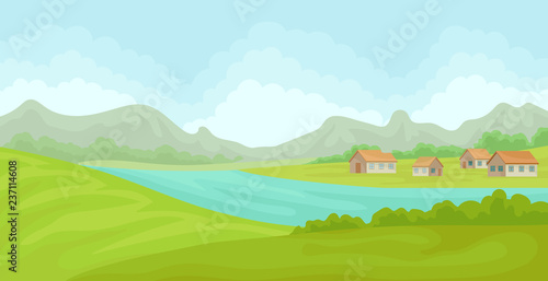 Summer rural landscape with houses and river, field with green grass, agriculture and farming vector Illustration on a white background