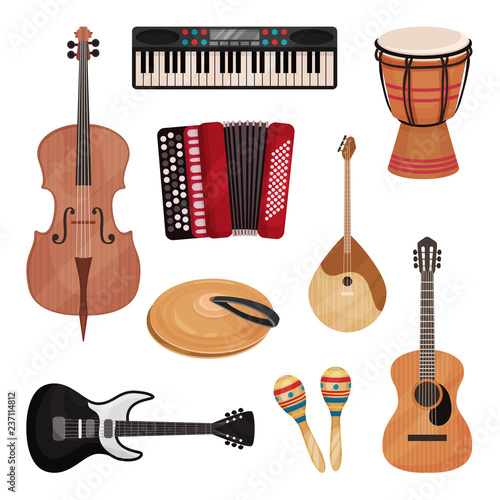 Musical instruments set, cello, violin, drum, cymbals, dombra, maracas, guitars, accordion vector Illustration on a white background