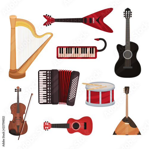 Musical instruments set, harp, synthesizer, guitars, accordion, balalaika, drum vector Illustration on a white background