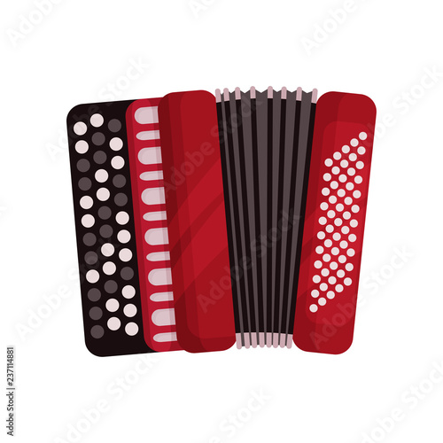 Red accordion, classical bayan, musical instrument vector Illustration on a white background