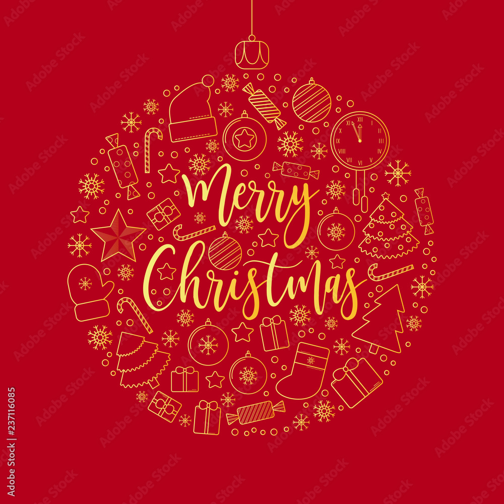 Merry Christmas golden line art object icons. Merry Christmas golden line art object icons.