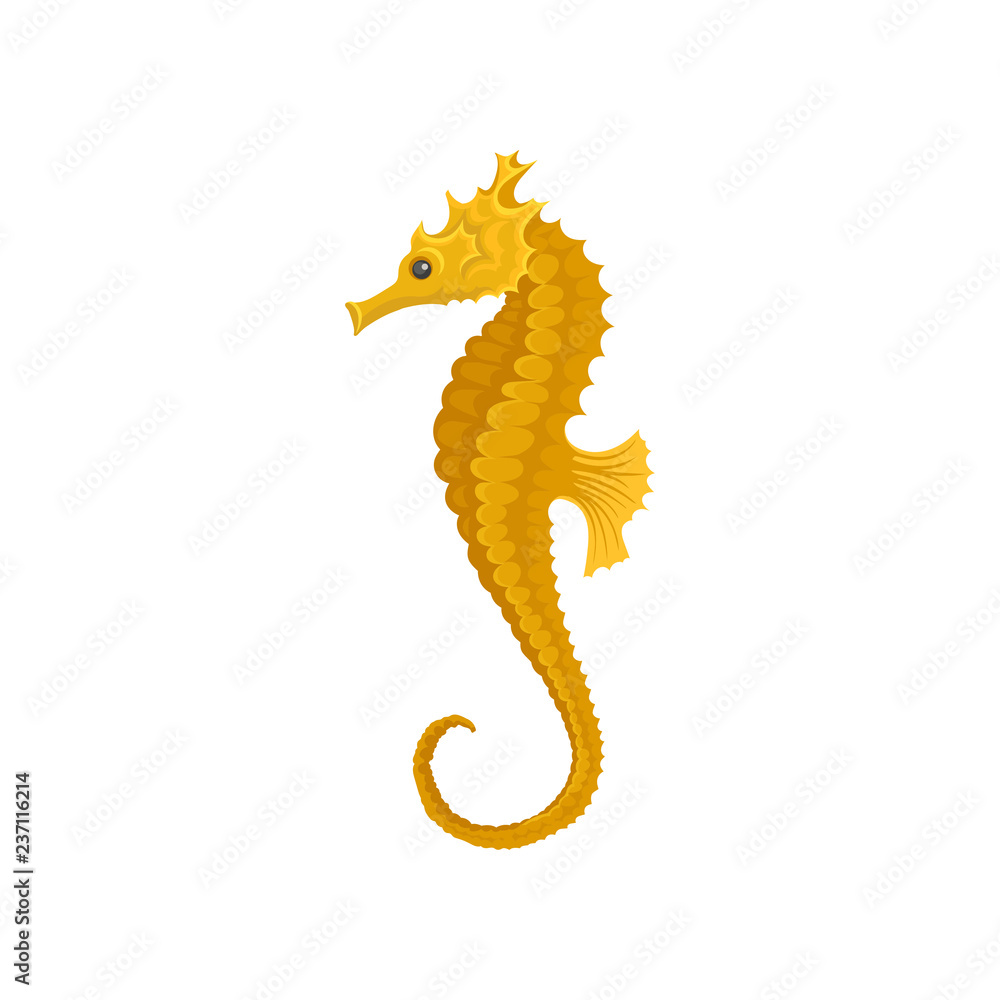 Fototapeta premium Yellow long-snouted seahorse. Marine animal. Sea and ocean life theme. Flat vector element for mobile game